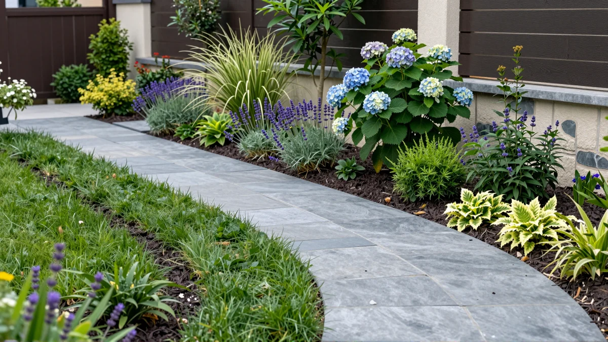 Frisch bepflanztes Gartenbeet neben einer Terrasse mit Lavendel, Hortensien, Straeuchern und Ziergraesern