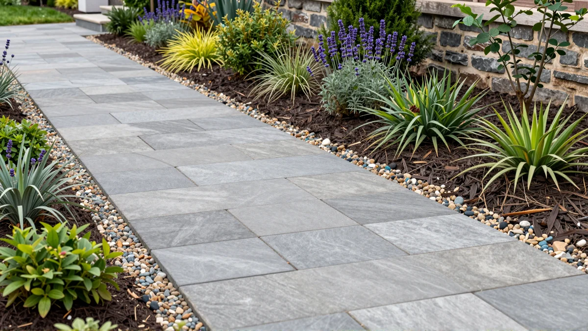 Frisch bepflanztes Gartenbeet neben einer Terrasse mit Lavendel, Hortensien, Straeuchern und Ziergraesern