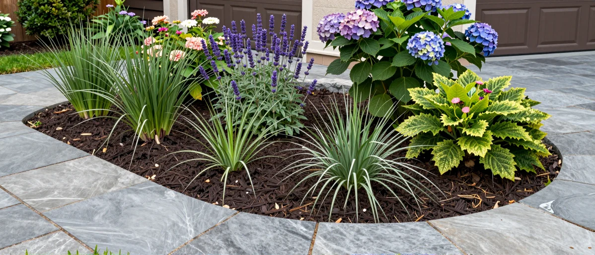 Frisch bepflanztes Gartenbeet neben einer Terrasse mit Lavendel, Hortensien, Straeuchern und Ziergraesern
