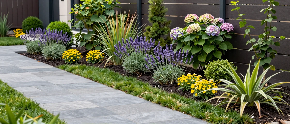 Frisch bepflanztes Gartenbeet neben einer Terrasse mit Lavendel, Hortensien, Straeuchern und Ziergraesern