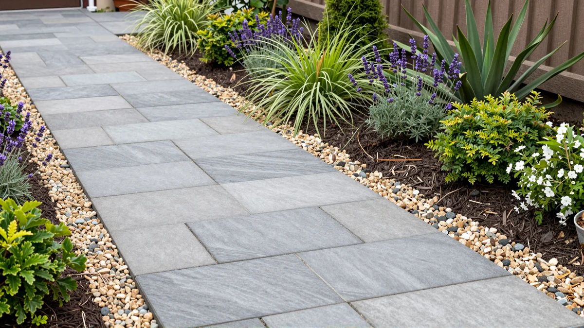 Frisch bepflanztes Gartenbeet neben einer Terrasse mit Lavendel, Hortensien, Straeuchern und Ziergraesern