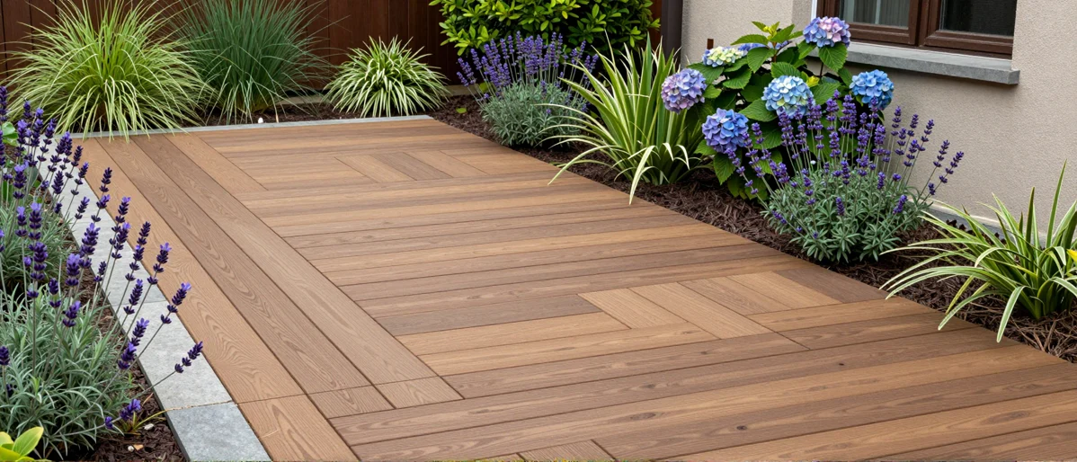 Neu angelegte Holzterrasse mit bepflanzten Rabatten, Ziergraesern und gepflegten Gartenwegen