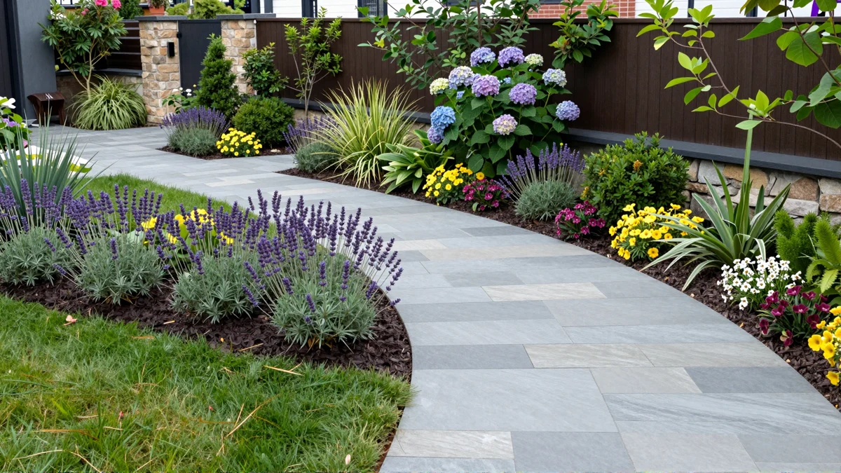 Neu verlegter Gartenweg aus Naturstein mit Kieskante, Lavendel, Straeuchern und Ziergraesern