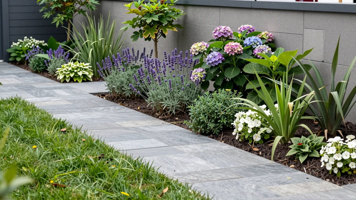 Frisch bepflanztes Gartenbeet neben einer Terrasse mit Lavendel, Hortensien, Straeuchern und Ziergraesern