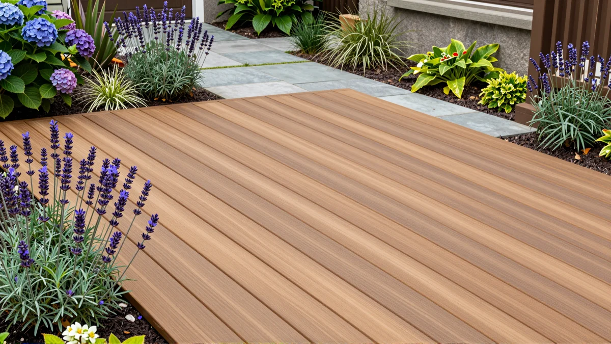 Neu angelegte Holzterrasse mit bepflanzten Rabatten, Ziergraesern und gepflegten Gartenwegen