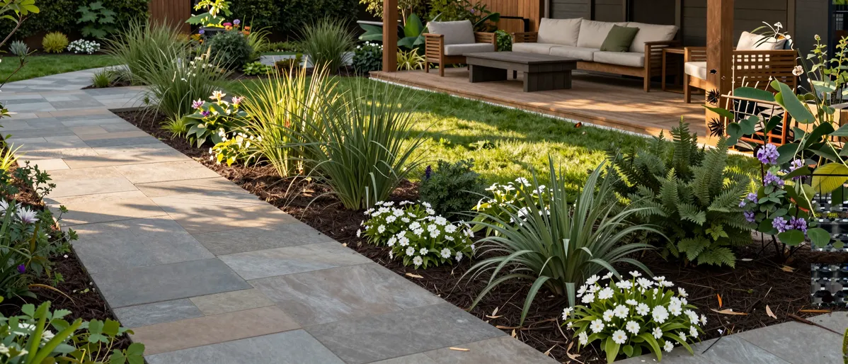 Moderne Gartenlandschaft mit Natursteinpfaden, üppigen Beeten und einer Holzterrasse mit Outdoor-Möbeln