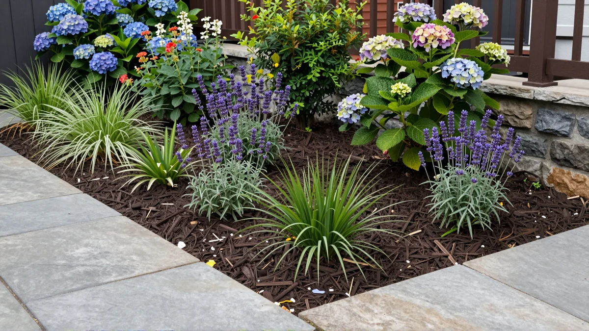 Frisch bepflanztes Gartenbeet neben einer Terrasse mit Lavendel, Hortensien, Straeuchern und Ziergraesern