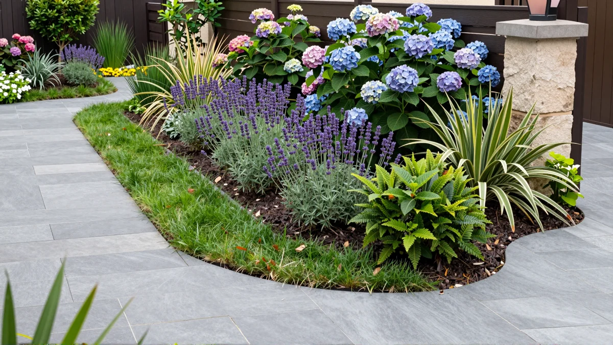 Frisch bepflanztes Gartenbeet neben einer Terrasse mit Lavendel, Hortensien, Straeuchern und Ziergraesern