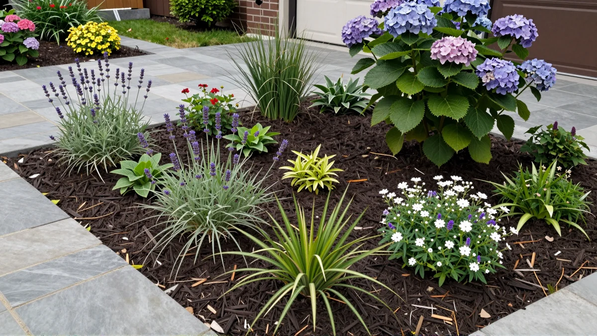 Frisch bepflanztes Gartenbeet neben einer Terrasse mit Lavendel, Hortensien, Straeuchern und Ziergraesern