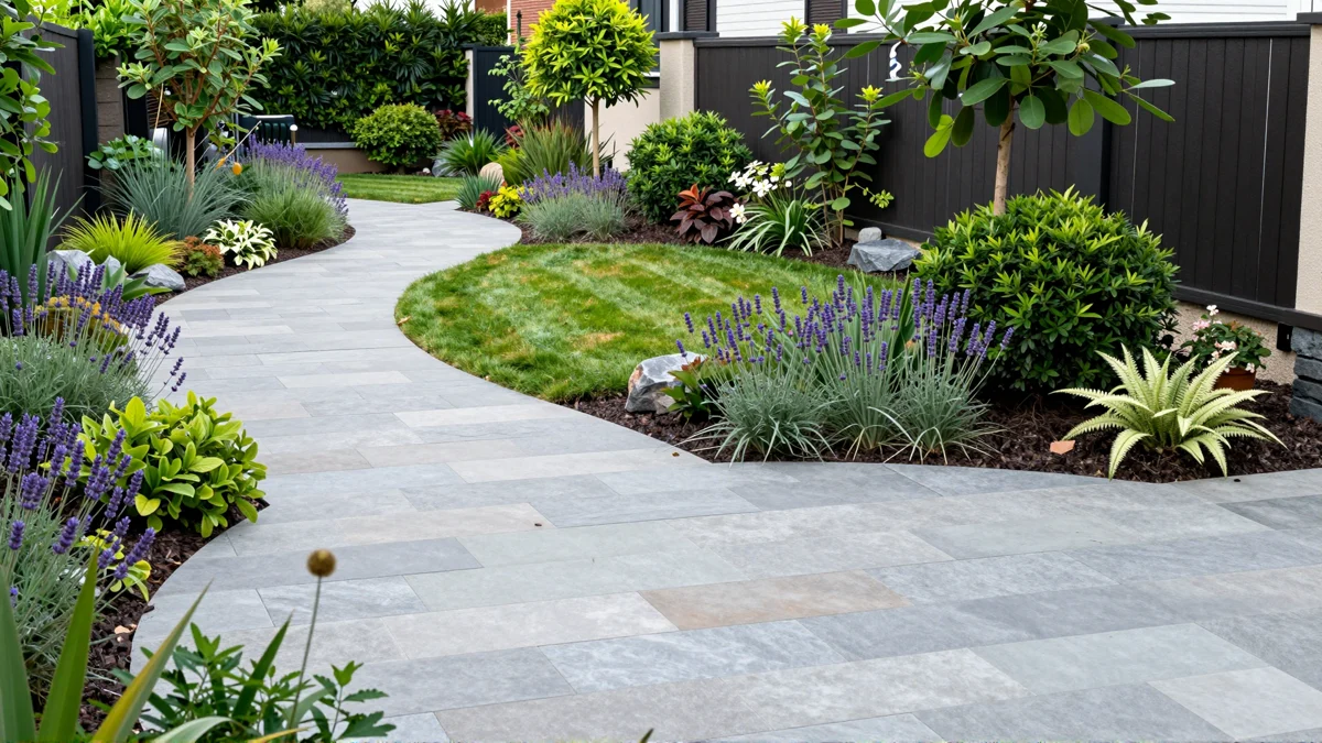 Frisch bepflanztes Gartenbeet neben einer Terrasse mit Lavendel, Hortensien, Straeuchern und Ziergraesern