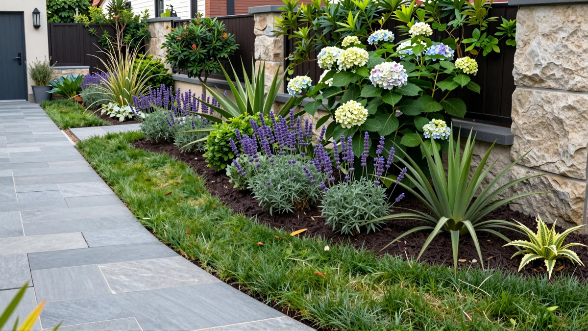 Frisch bepflanztes Gartenbeet neben einer Terrasse mit Lavendel, Hortensien, Straeuchern und Ziergraesern