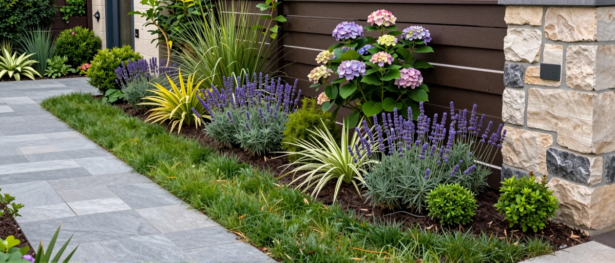 Neu verlegter Gartenweg aus Naturstein mit Kieskante, Lavendel, Straeuchern und Ziergraesern