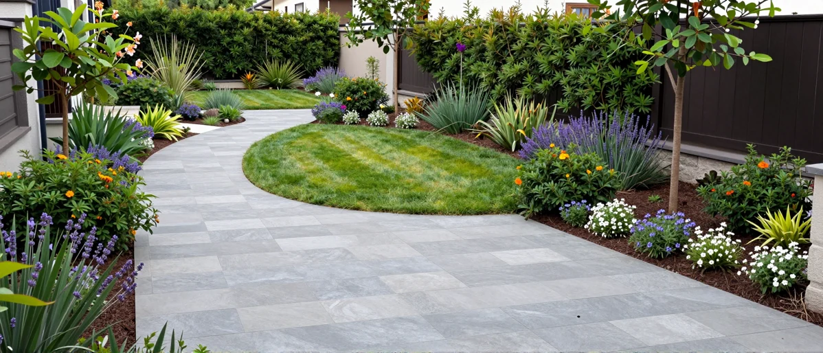 Frisch bepflanztes Gartenbeet neben einer Terrasse mit Lavendel, Hortensien, Straeuchern und Ziergraesern