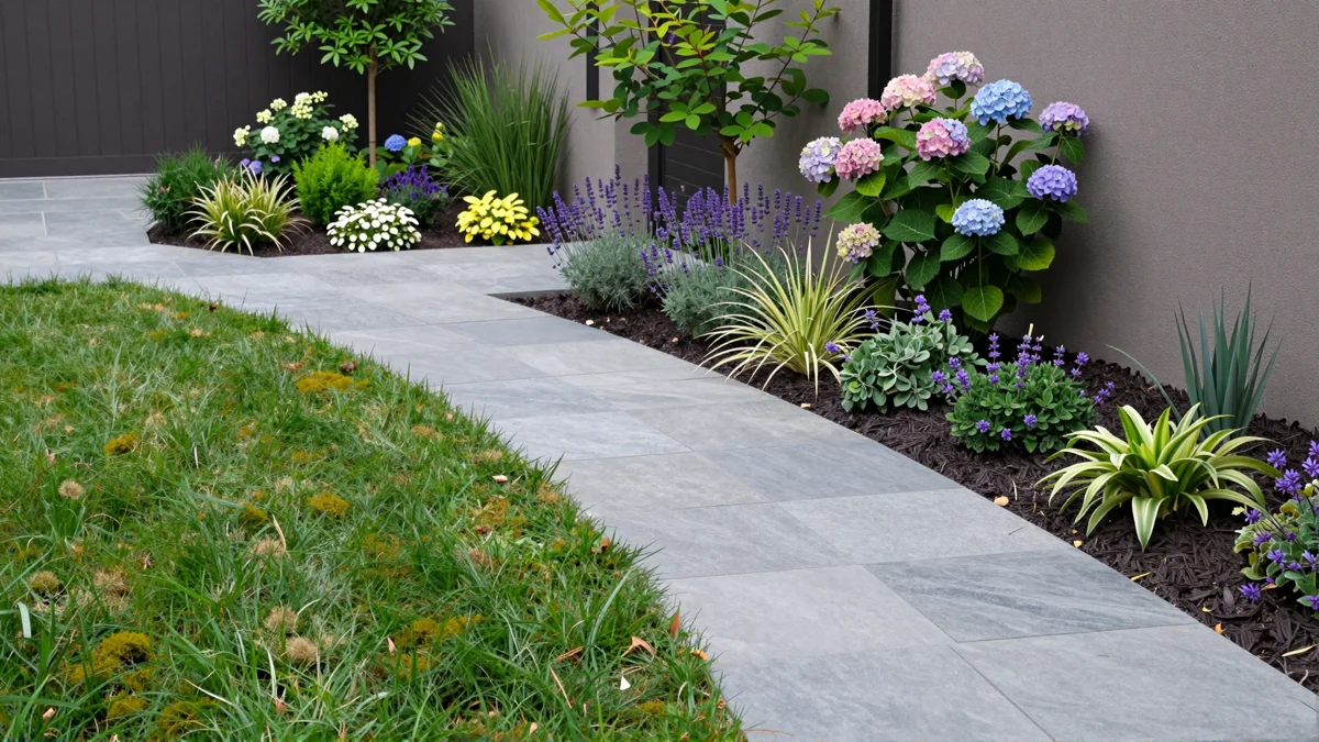Frisch bepflanztes Gartenbeet neben einer Terrasse mit Lavendel, Hortensien, Straeuchern und Ziergraesern