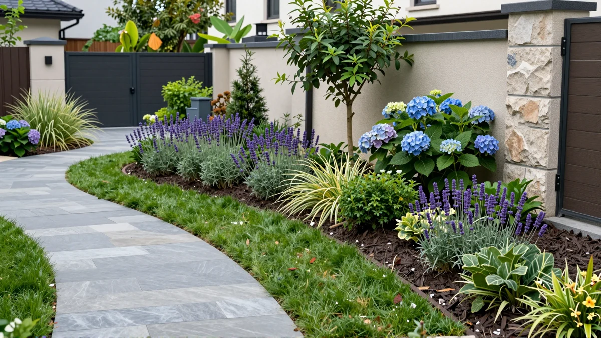 Frisch bepflanztes Gartenbeet neben einer Terrasse mit Lavendel, Hortensien, Straeuchern und Ziergraesern