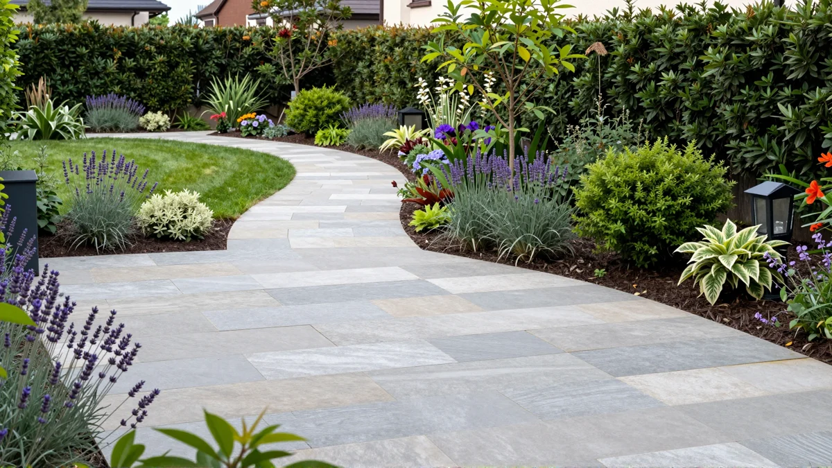 Frisch bepflanztes Gartenbeet neben einer Terrasse mit Lavendel, Hortensien, Straeuchern und Ziergraesern