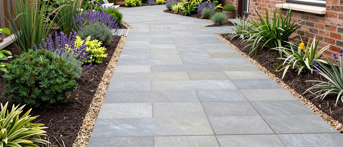 Frisch bepflanztes Gartenbeet neben einer Terrasse mit Lavendel, Hortensien, Straeuchern und Ziergraesern