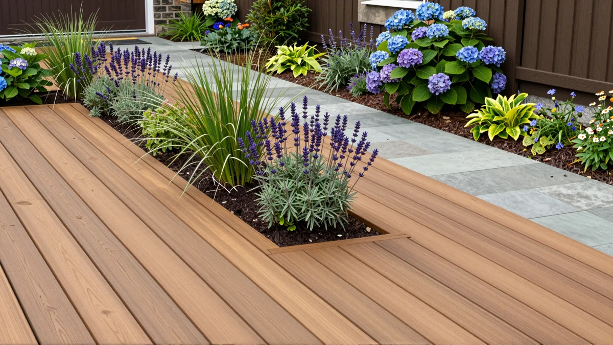 Neu angelegte Holzterrasse mit bepflanzten Rabatten, Ziergraesern und gepflegten Gartenwegen
