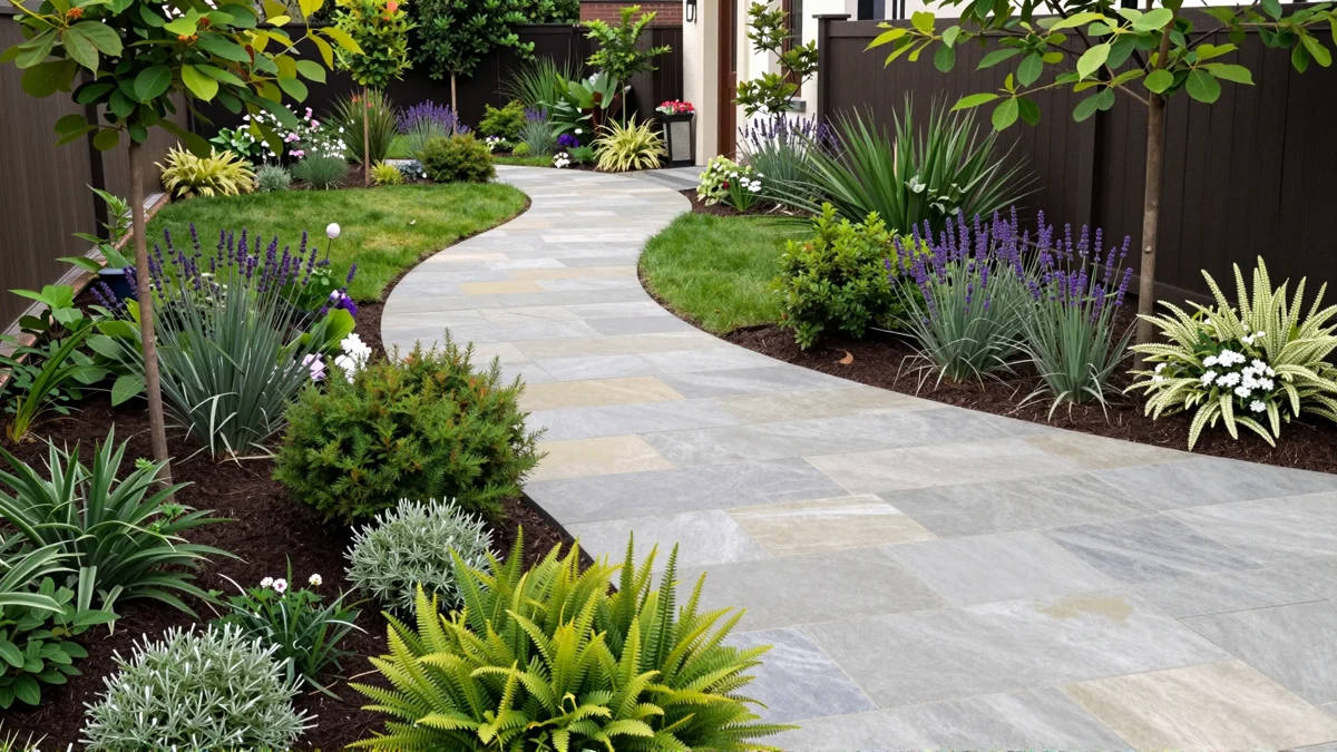 Frisch bepflanztes Gartenbeet neben einer Terrasse mit Lavendel, Hortensien, Straeuchern und Ziergraesern