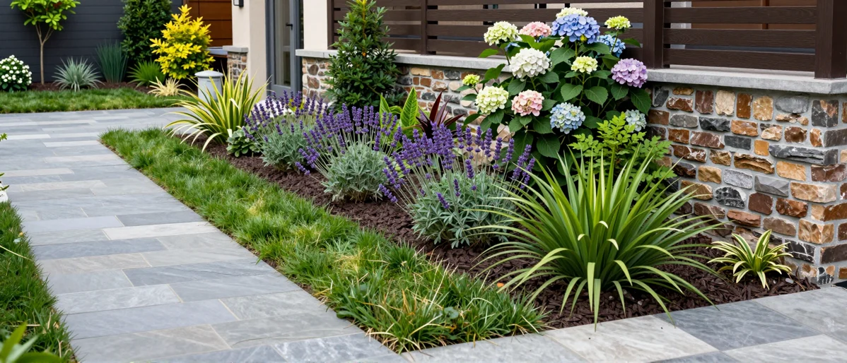Neu verlegter Gartenweg aus Naturstein mit Kieskante, Lavendel, Straeuchern und Ziergraesern
