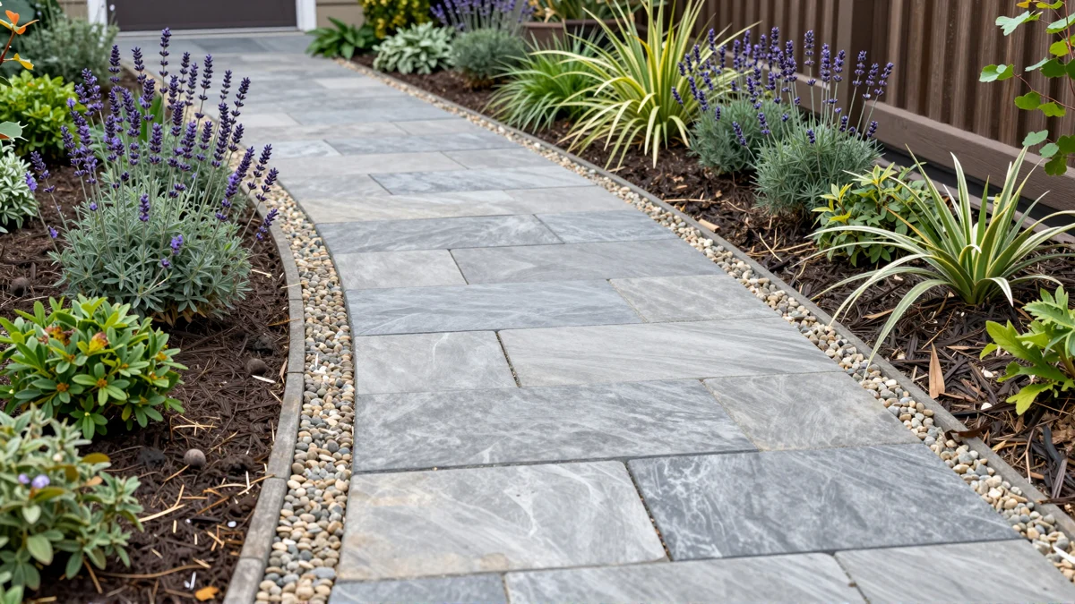 Frisch bepflanztes Gartenbeet neben einer Terrasse mit Lavendel, Hortensien, Straeuchern und Ziergraesern