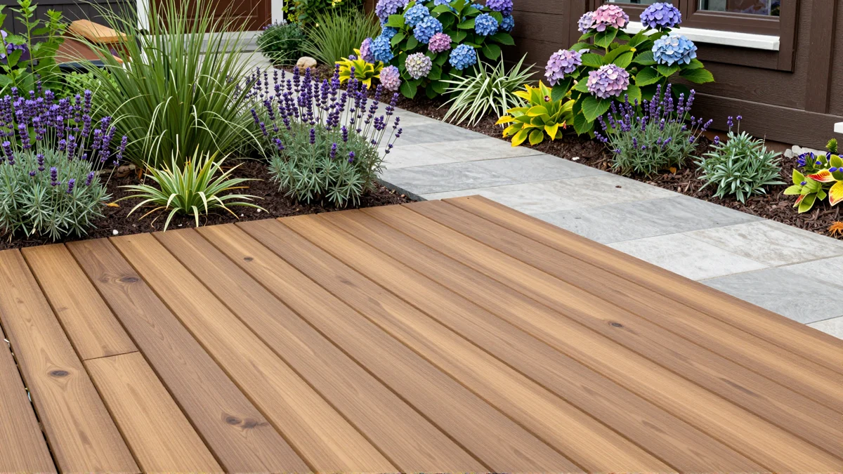 Neu angelegte Holzterrasse mit bepflanzten Rabatten, Ziergraesern und gepflegten Gartenwegen