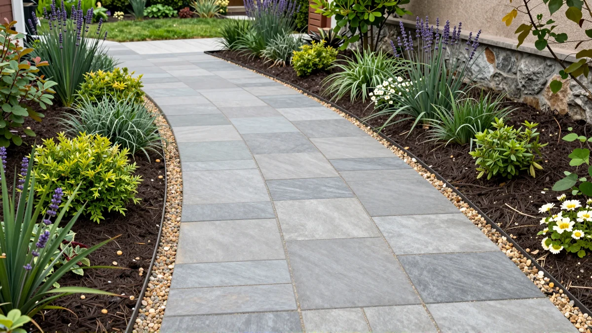 Frisch bepflanztes Gartenbeet neben einer Terrasse mit Lavendel, Hortensien, Straeuchern und Ziergraesern