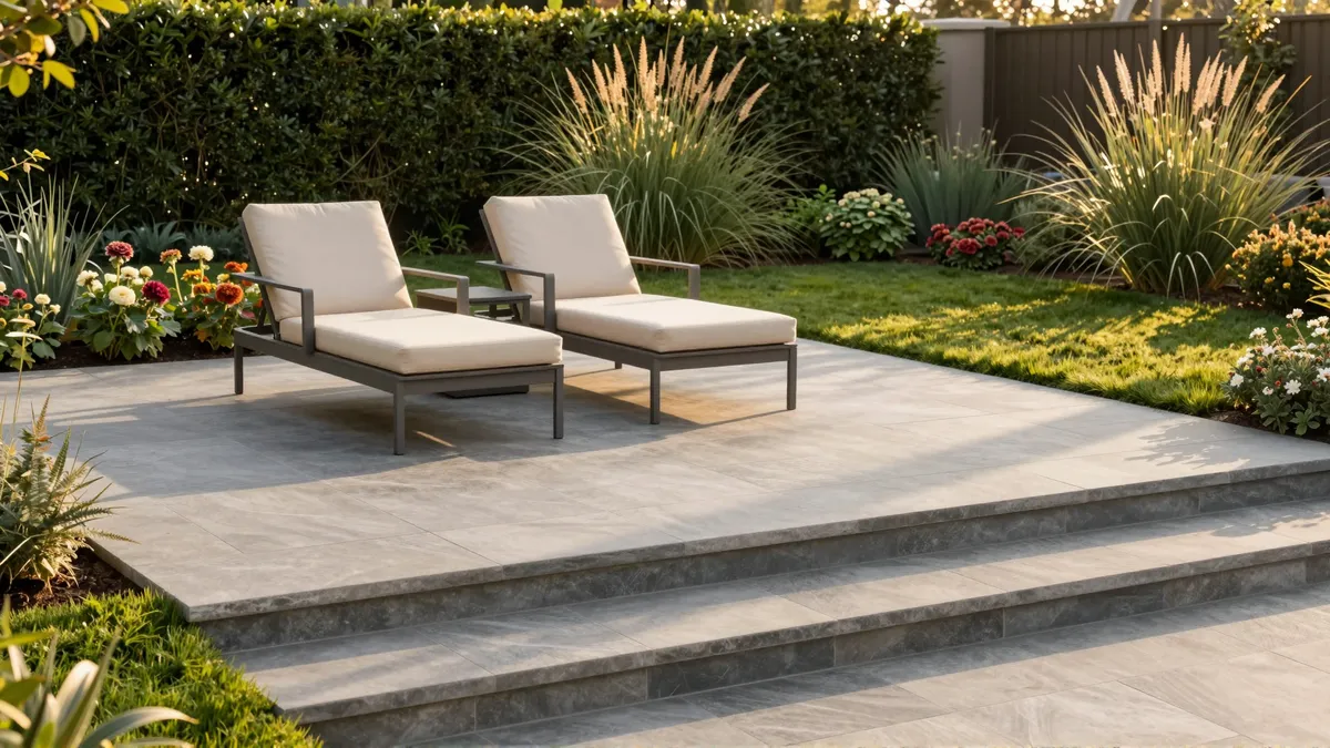 Moderne Natursteinterrasse mit Lounge-Stühlen in einem gepflegten Garten mit Hecken und Blumen