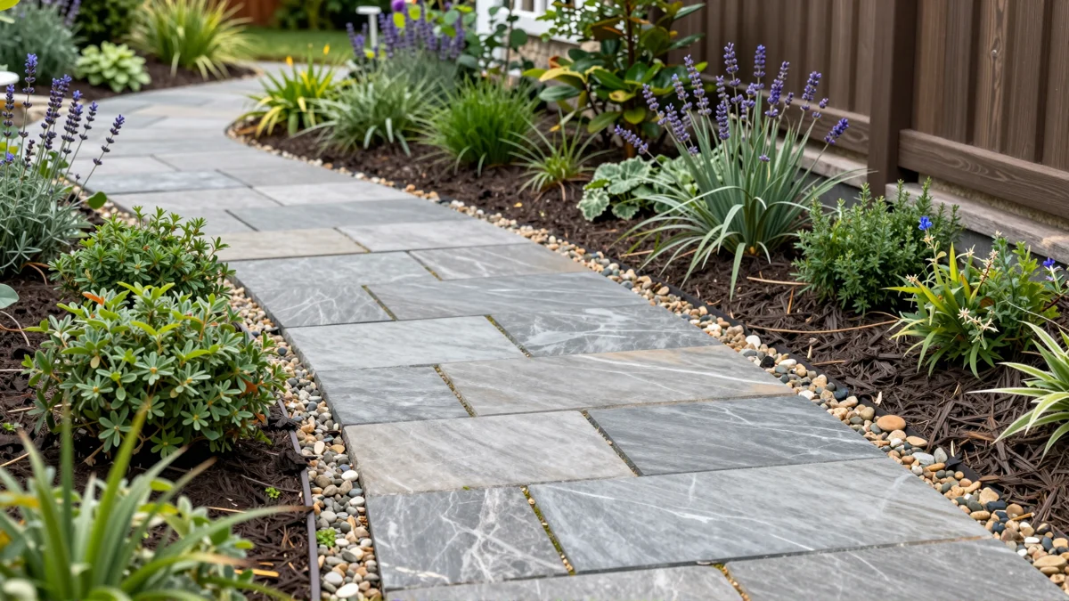 Frisch bepflanztes Gartenbeet neben einer Terrasse mit Lavendel, Hortensien, Straeuchern und Ziergraesern