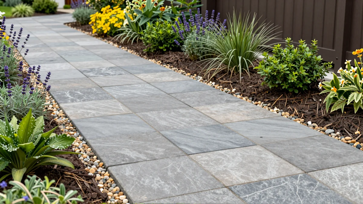 Frisch bepflanztes Gartenbeet neben einer Terrasse mit Lavendel, Hortensien, Straeuchern und Ziergraesern