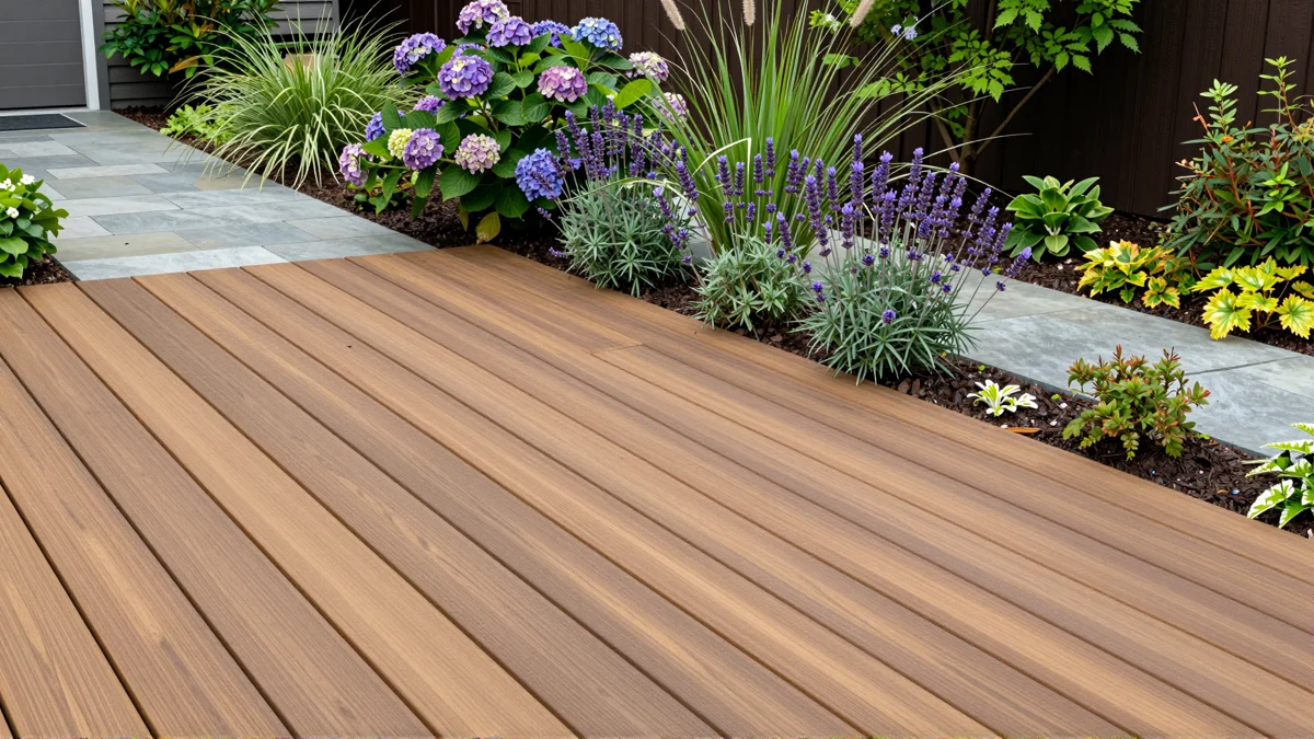 Neu angelegte Holzterrasse mit bepflanzten Rabatten, Ziergraesern und gepflegten Gartenwegen