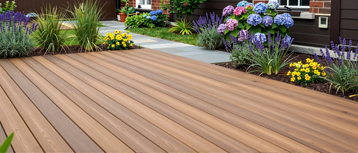 Neu angelegte Holzterrasse mit bepflanzten Rabatten, Ziergraesern und gepflegten Gartenwegen