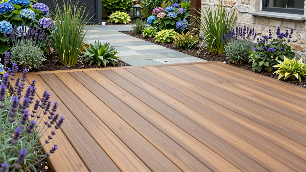Neu angelegte Holzterrasse mit bepflanzten Rabatten, Ziergraesern und gepflegten Gartenwegen