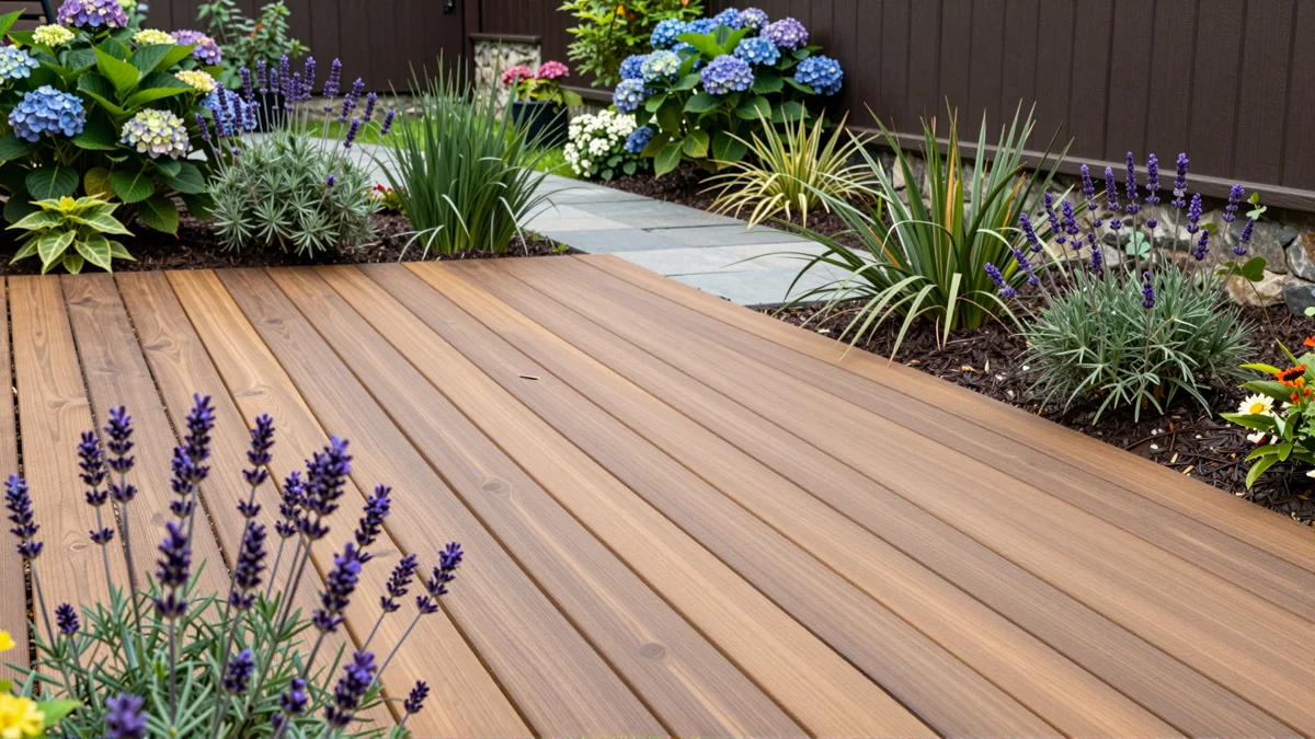 Neu angelegte Holzterrasse mit bepflanzten Rabatten, Ziergraesern und gepflegten Gartenwegen