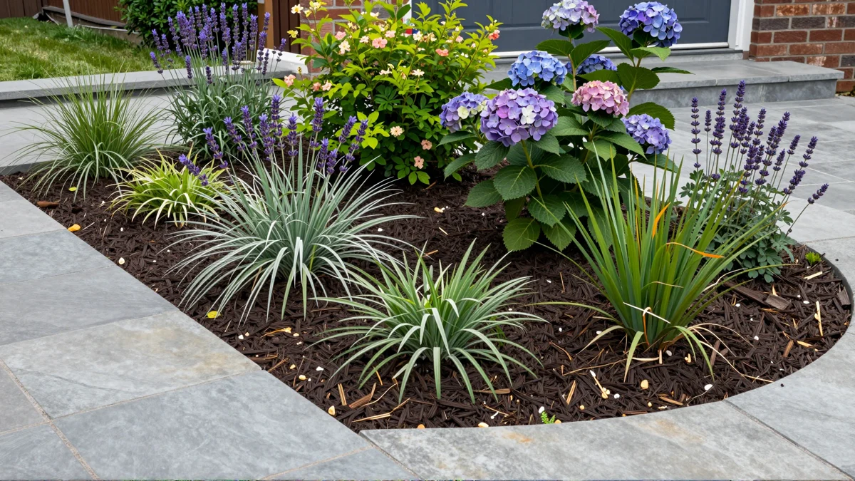 Frisch bepflanztes Gartenbeet neben einer Terrasse mit Lavendel, Hortensien, Straeuchern und Ziergraesern