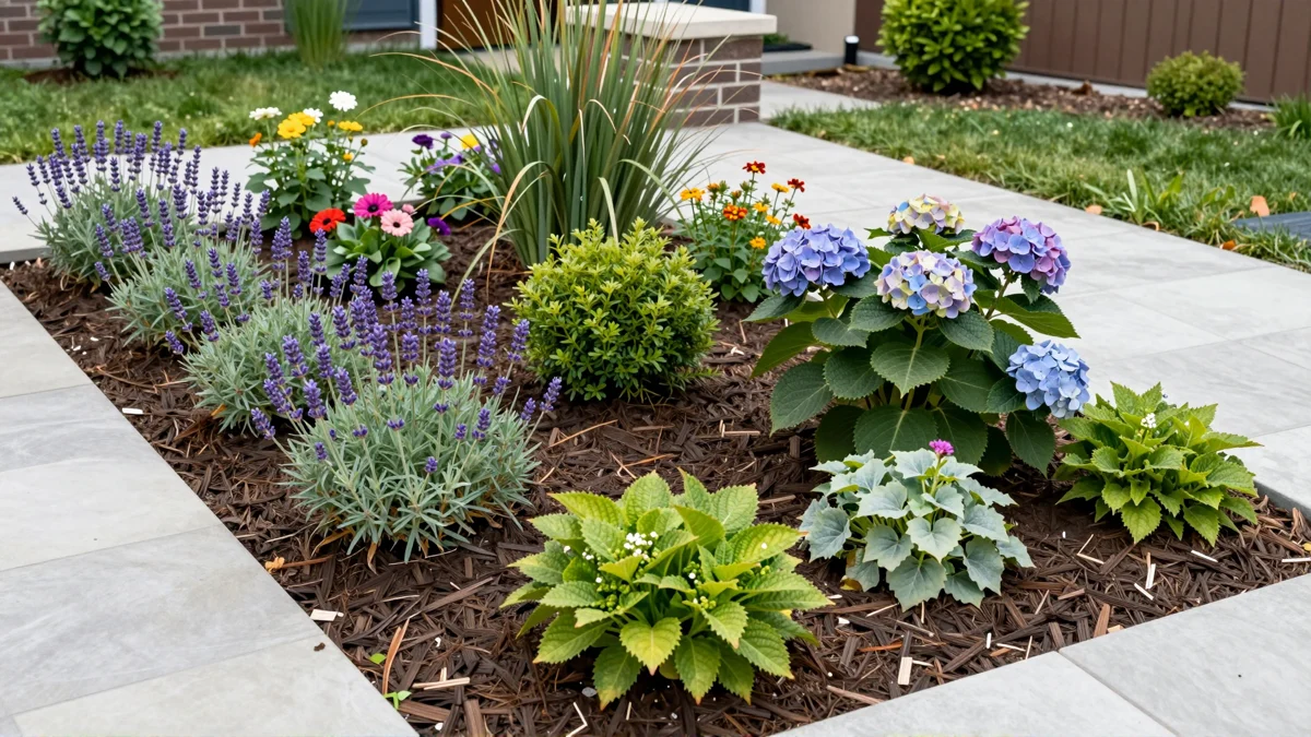 Frisch bepflanztes Gartenbeet neben einer Terrasse mit Lavendel, Hortensien, Straeuchern und Ziergraesern