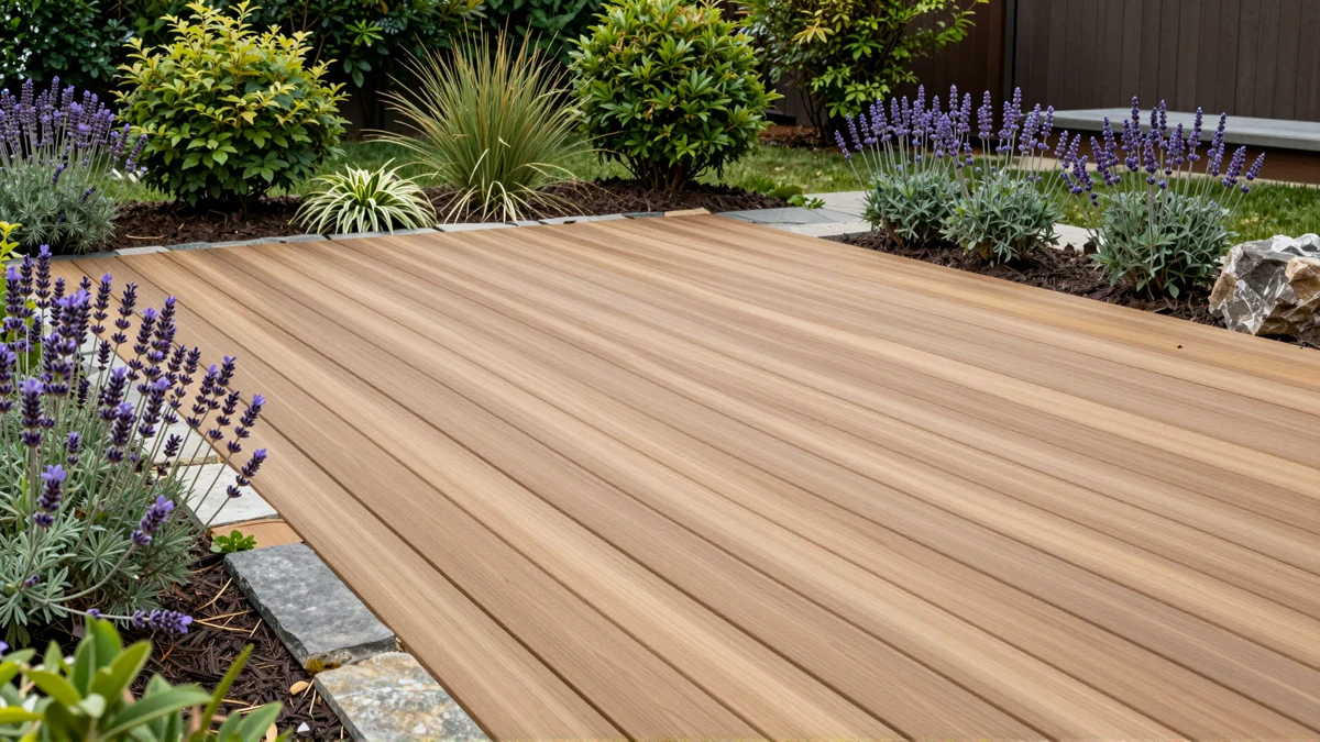 Neu angelegte Holzterrasse mit bepflanzten Rabatten, Ziergraesern und gepflegten Gartenwegen
