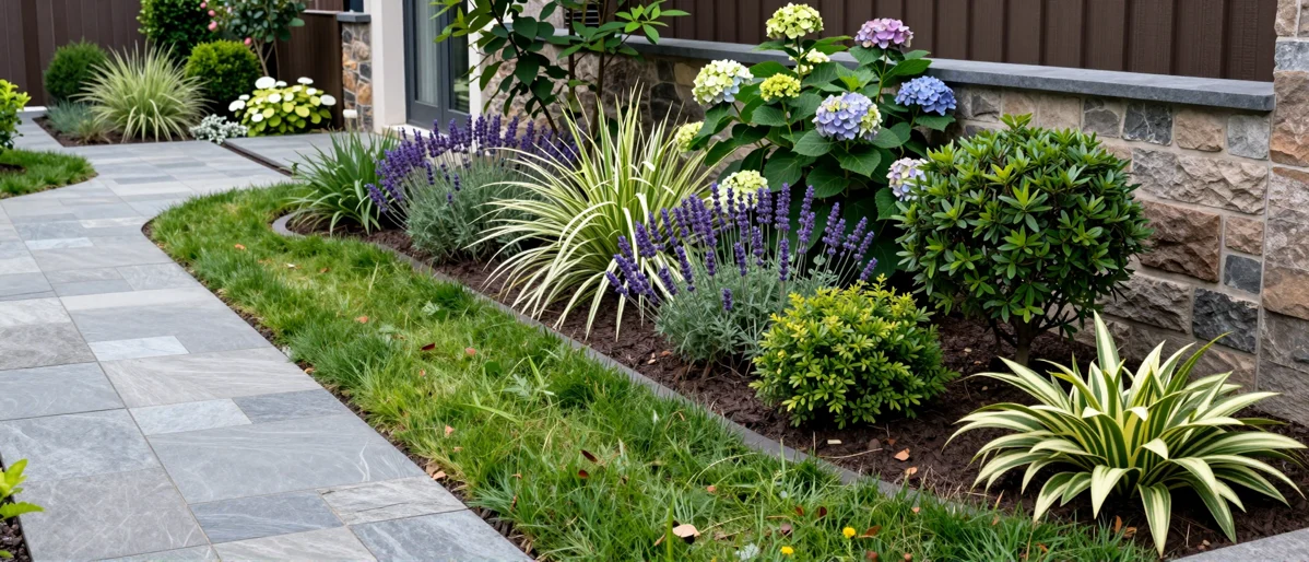 Frisch bepflanztes Gartenbeet neben einer Terrasse mit Lavendel, Hortensien, Straeuchern und Ziergraesern
