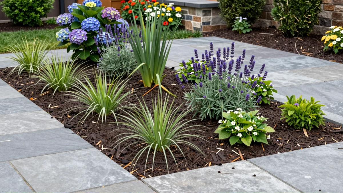 Frisch bepflanztes Gartenbeet neben einer Terrasse mit Lavendel, Hortensien, Straeuchern und Ziergraesern