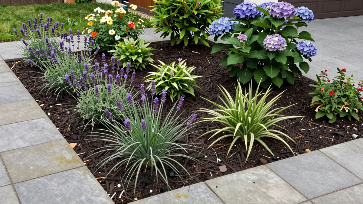Frisch bepflanztes Gartenbeet neben einer Terrasse mit Lavendel, Hortensien, Straeuchern und Ziergraesern