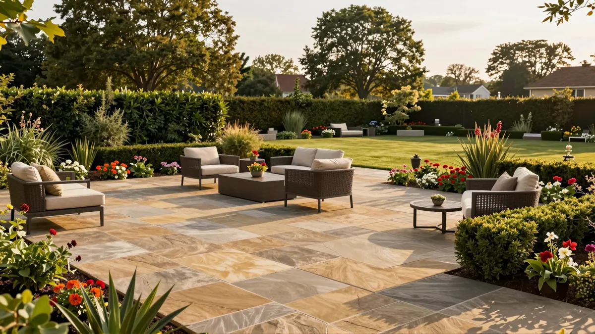 Moderne Steinterrasse mit Gartenmöbeln, umgeben von gepflegten Hecken und blühenden Pflanzen in einem gestalteten Garten