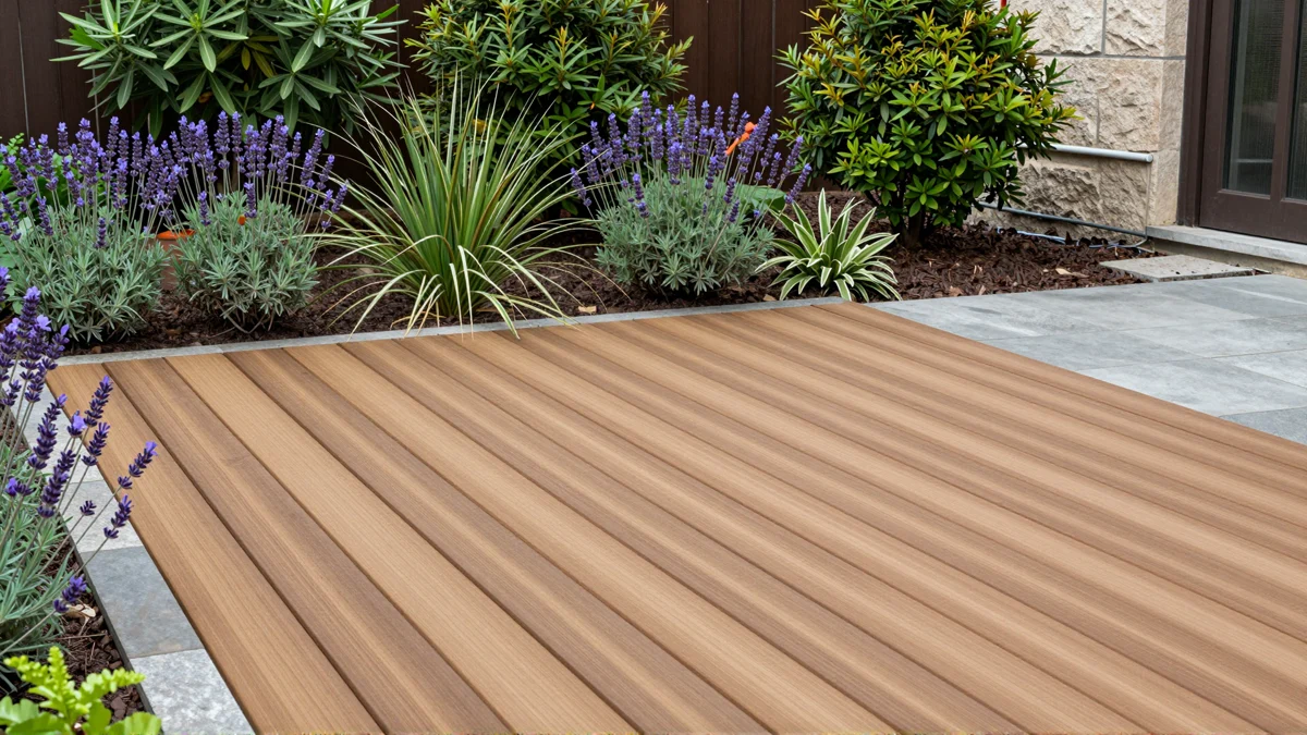 Neu angelegte Holzterrasse mit bepflanzten Rabatten, Ziergraesern und gepflegten Gartenwegen