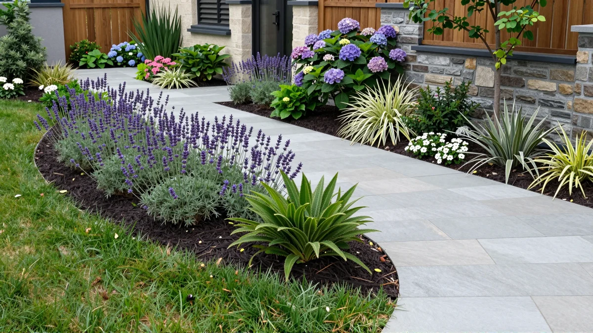 Frisch bepflanztes Gartenbeet neben einer Terrasse mit Lavendel, Hortensien, Straeuchern und Ziergraesern