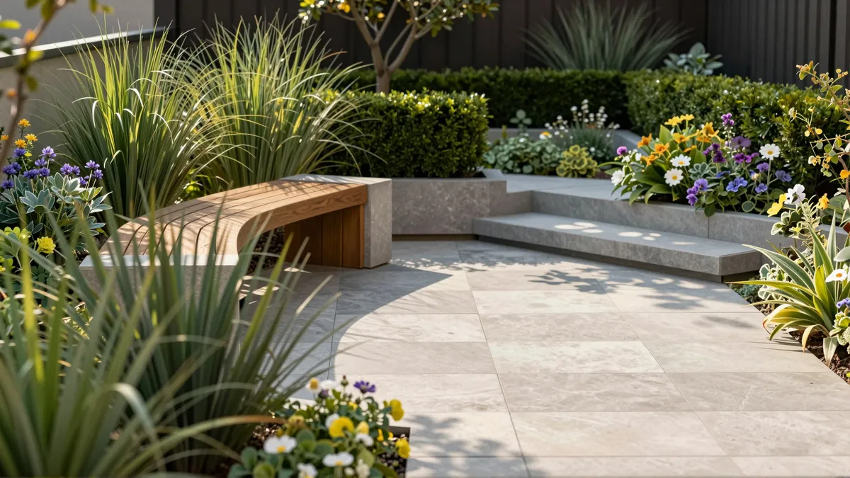 Moderner Gartenterrassenbereich mit geometrischen Steinplatten, Holzbank und gepflegten Buchshecken