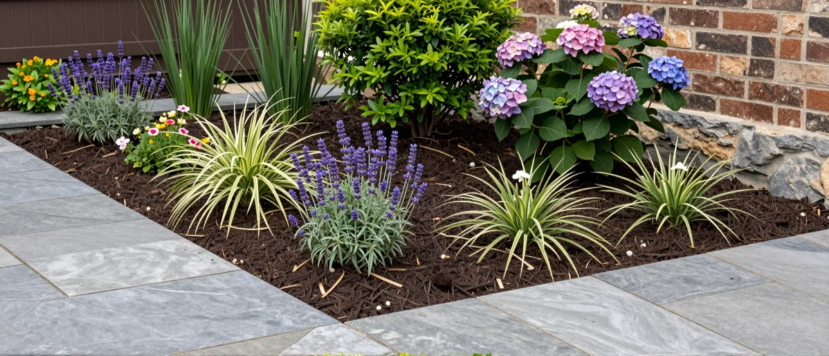 Frisch bepflanztes Gartenbeet neben einer Terrasse mit Lavendel, Hortensien, Straeuchern und Ziergraesern