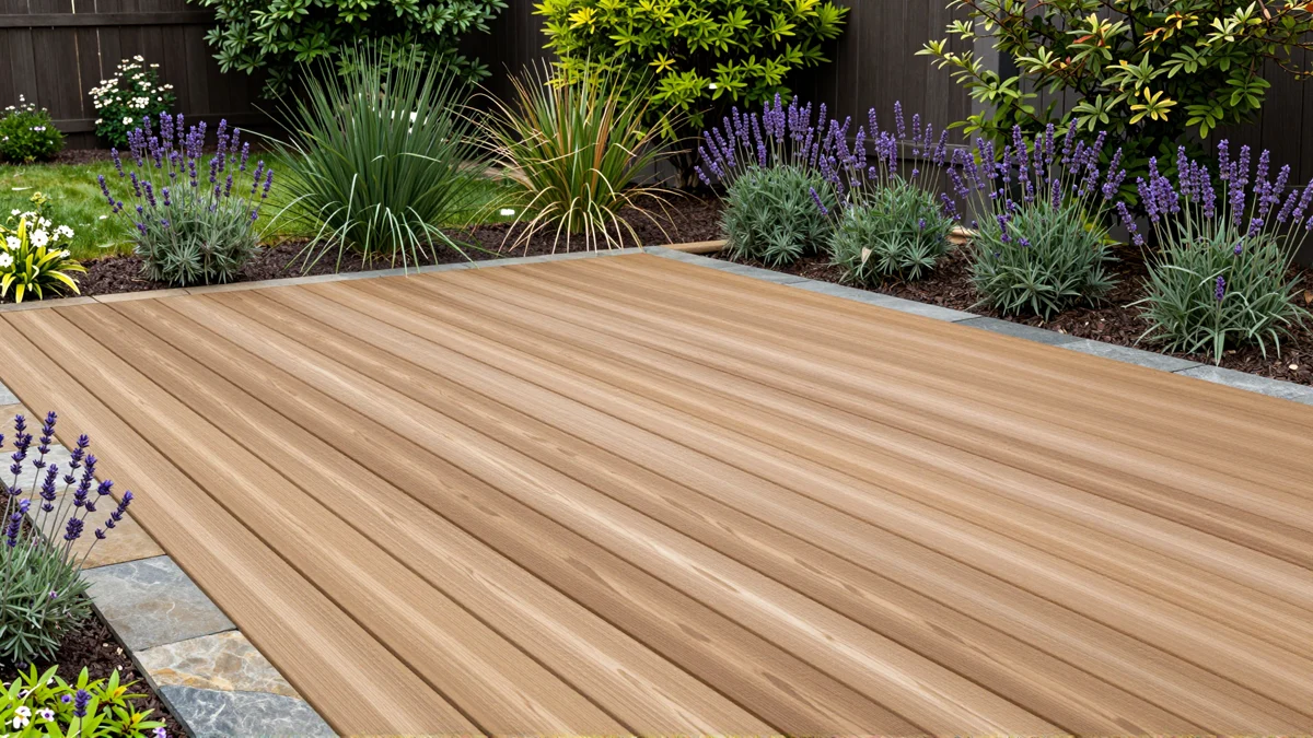 Neu angelegte Holzterrasse mit bepflanzten Rabatten, Ziergraesern und gepflegten Gartenwegen