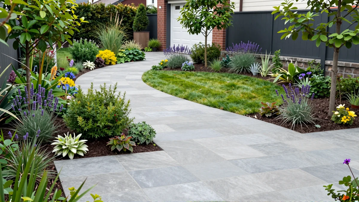Frisch bepflanztes Gartenbeet neben einer Terrasse mit Lavendel, Hortensien, Straeuchern und Ziergraesern