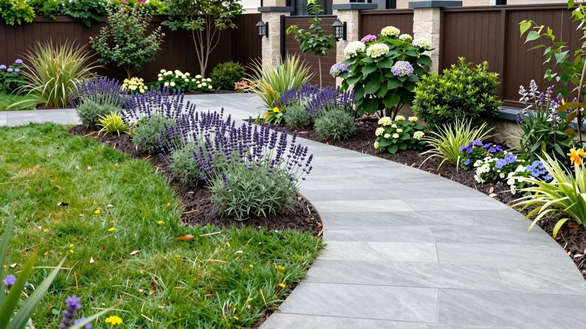 Frisch bepflanztes Gartenbeet neben einer Terrasse mit Lavendel, Hortensien, Straeuchern und Ziergraesern