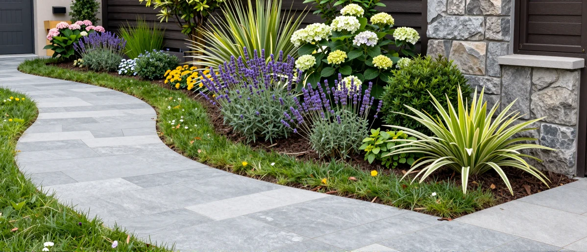 Neu verlegter Gartenweg aus Naturstein mit Kieskante, Lavendel, Straeuchern und Ziergraesern