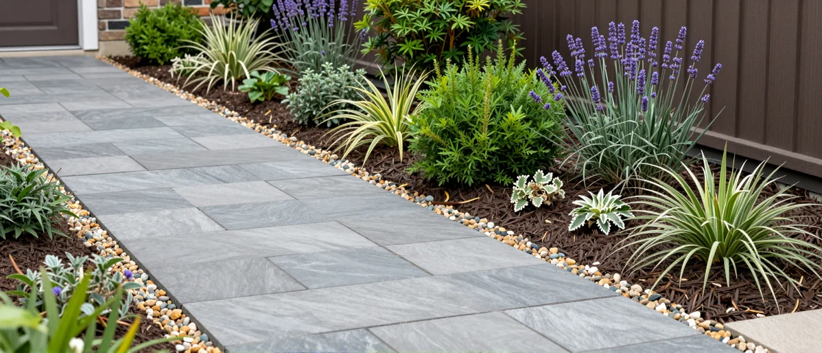 Frisch bepflanztes Gartenbeet neben einer Terrasse mit Lavendel, Hortensien, Straeuchern und Ziergraesern